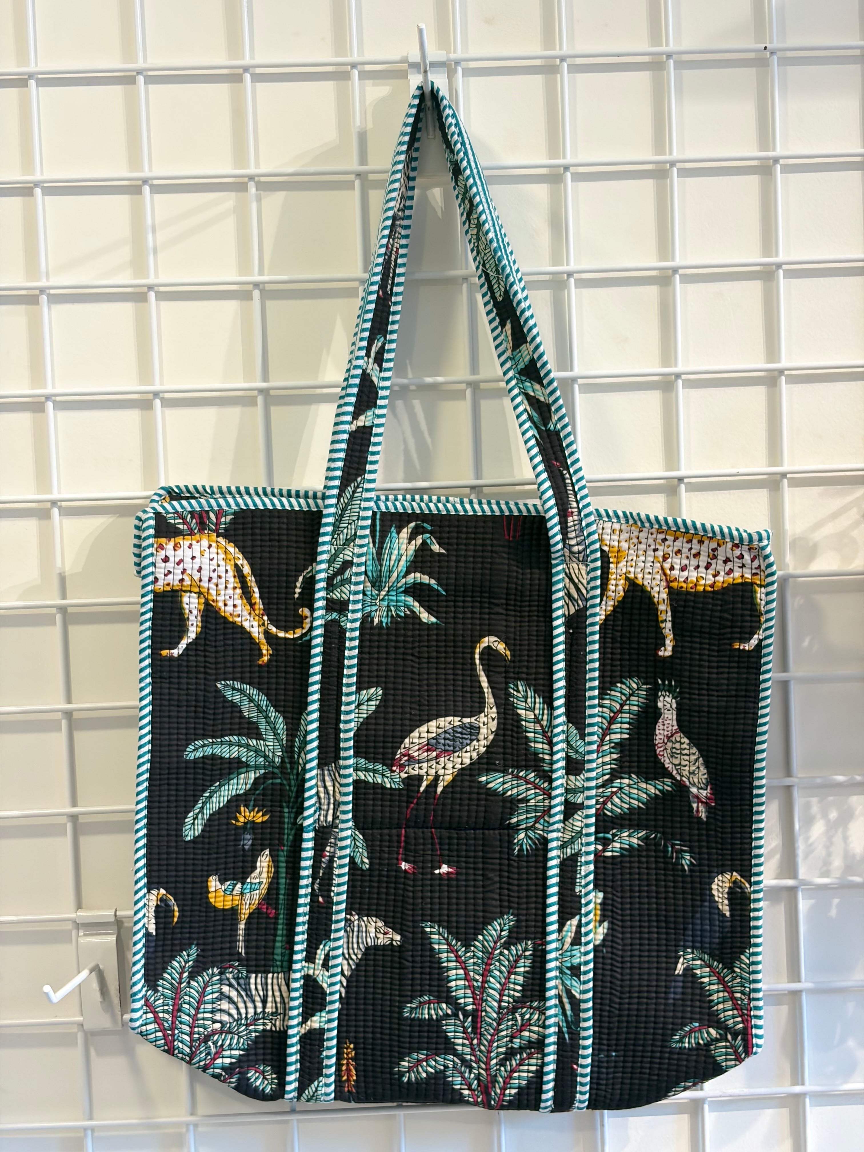 Black animal plant tote bag
